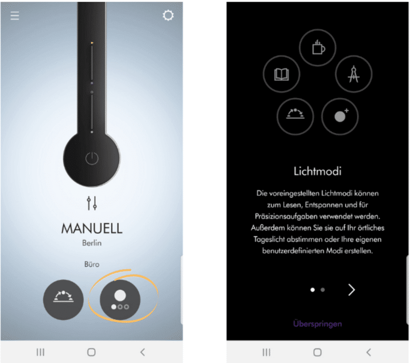 Auswahl der Lichtmodi in der Dyson Lightcycle Morph App